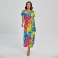 Watercolor Rainbow Pattern Print Short Sleeve Maxi Dress