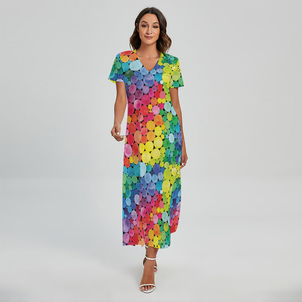 Watercolor Rainbow Pattern Print Short Sleeve Maxi Dress