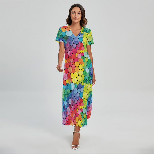 Watercolor Rainbow Pattern Print Short Sleeve Maxi Dress