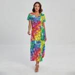 Watercolor Rainbow Pattern Print Short Sleeve Maxi Dress
