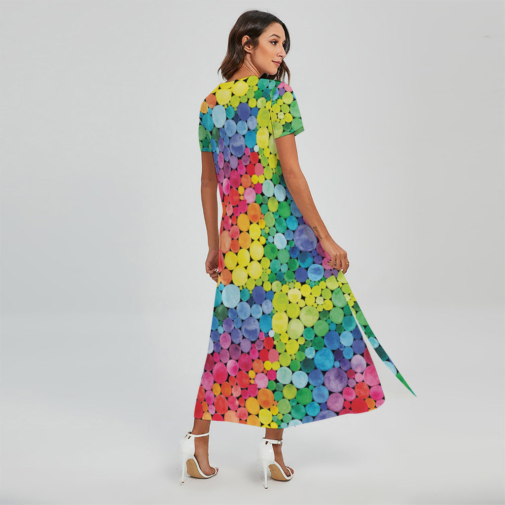 Watercolor Rainbow Pattern Print Short Sleeve Maxi Dress