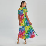 Watercolor Rainbow Pattern Print Short Sleeve Maxi Dress