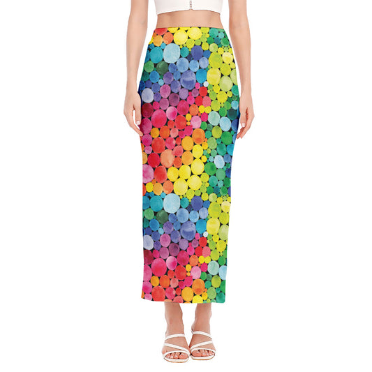 Watercolor Rainbow Pattern Print Side Slit Maxi Skirt
