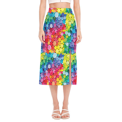 Watercolor Rainbow Pattern Print Side Slit Midi Skirt