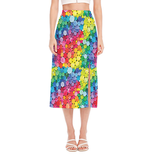 Watercolor Rainbow Pattern Print Side Slit Midi Skirt