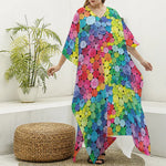 Watercolor Rainbow Pattern Print Silk V-Neck Kaftan Dress