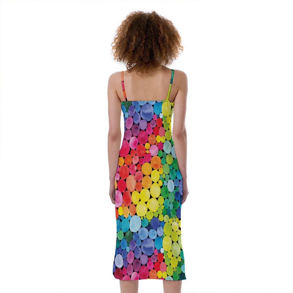 Watercolor Rainbow Pattern Print Slim Fit Midi Cami Dress