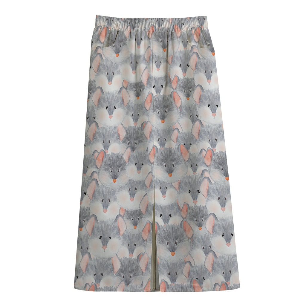 Watercolor Rat Pattern Print Cotton Front Slit Maxi Skirt