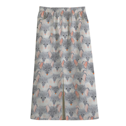 Watercolor Rat Pattern Print Cotton Front Slit Maxi Skirt