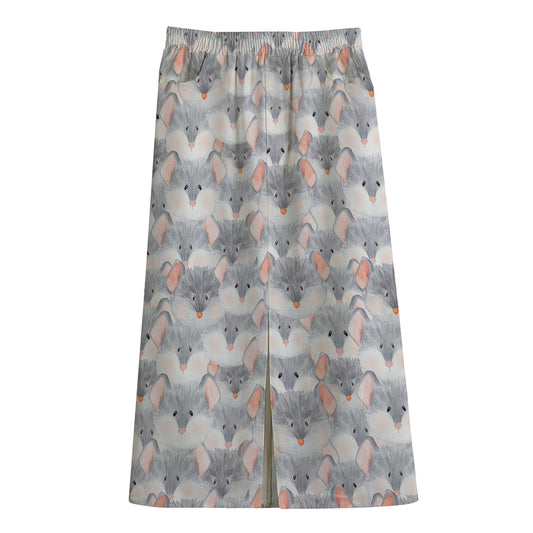 Watercolor Rat Pattern Print Cotton Front Slit Maxi Skirt