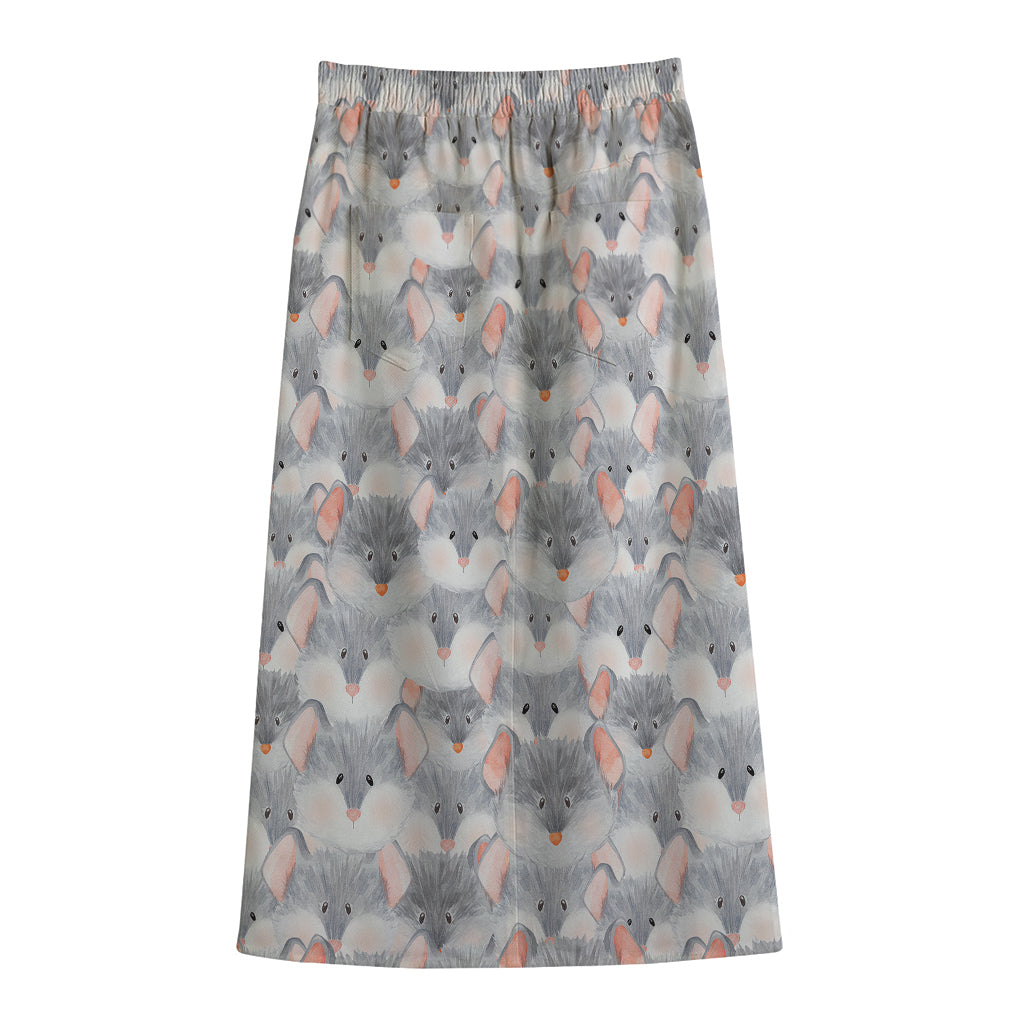 Watercolor Rat Pattern Print Cotton Front Slit Maxi Skirt