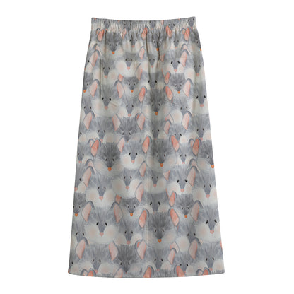 Watercolor Rat Pattern Print Cotton Front Slit Maxi Skirt