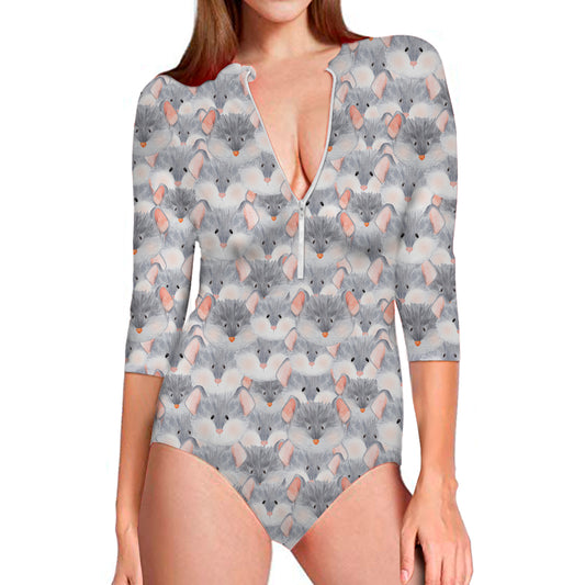 Watercolor Rat Pattern Print Long Sleeve Swimsuit