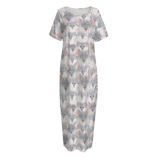 Watercolor Rat Pattern Print Short Sleeve Long Nightdress