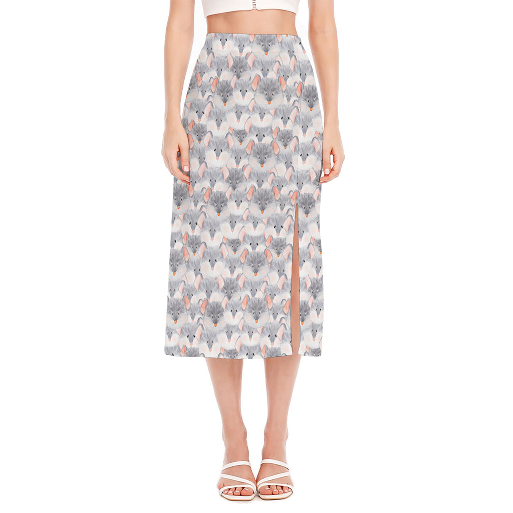 Watercolor Rat Pattern Print Side Slit Midi Skirt