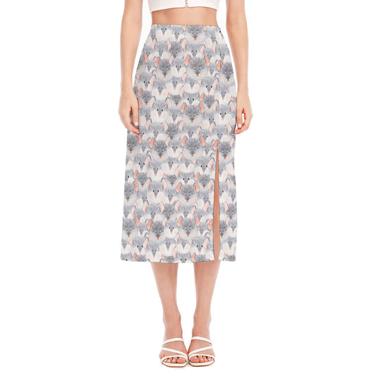 Watercolor Rat Pattern Print Side Slit Midi Skirt