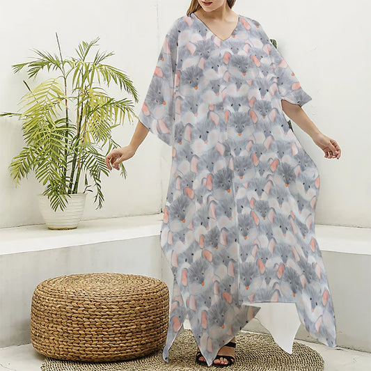Watercolor Rat Pattern Print Silk V-Neck Kaftan Dress