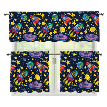 Watercolor Rocket Pattern Print 3 Piece Kitchen Curtains
