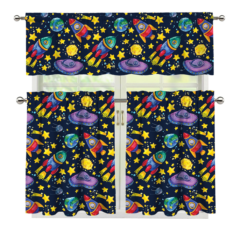 Watercolor Rocket Pattern Print 3 Piece Kitchen Curtains