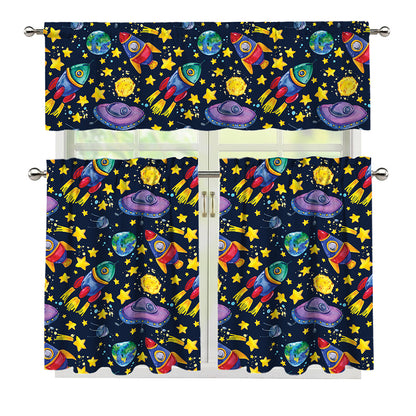 Watercolor Rocket Pattern Print 3 Piece Kitchen Curtains