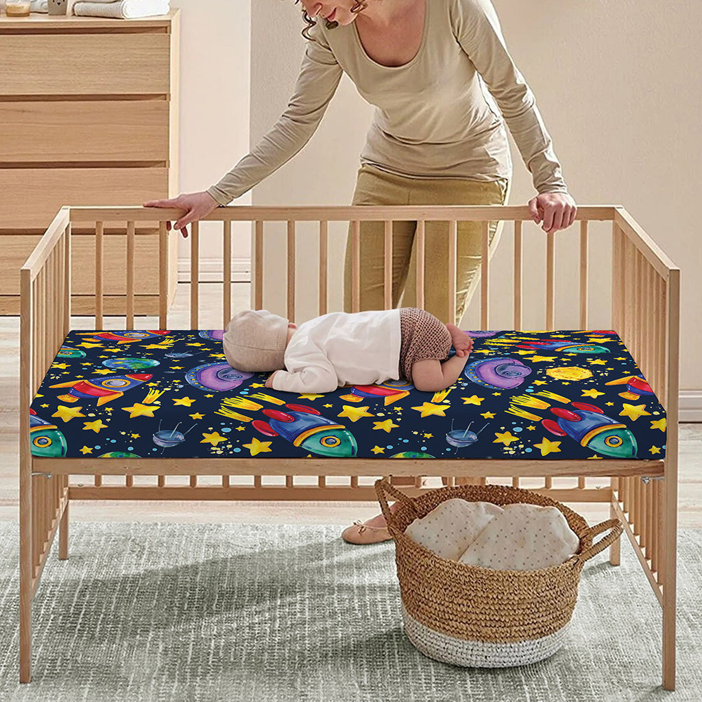 Watercolor Rocket Pattern Print Baby Crib Sheet