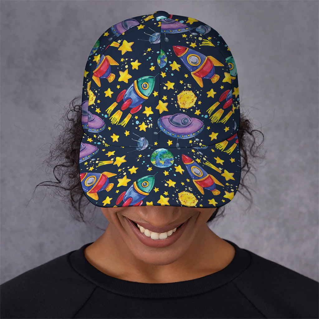 Watercolor Rocket Pattern Print Baseball Cap