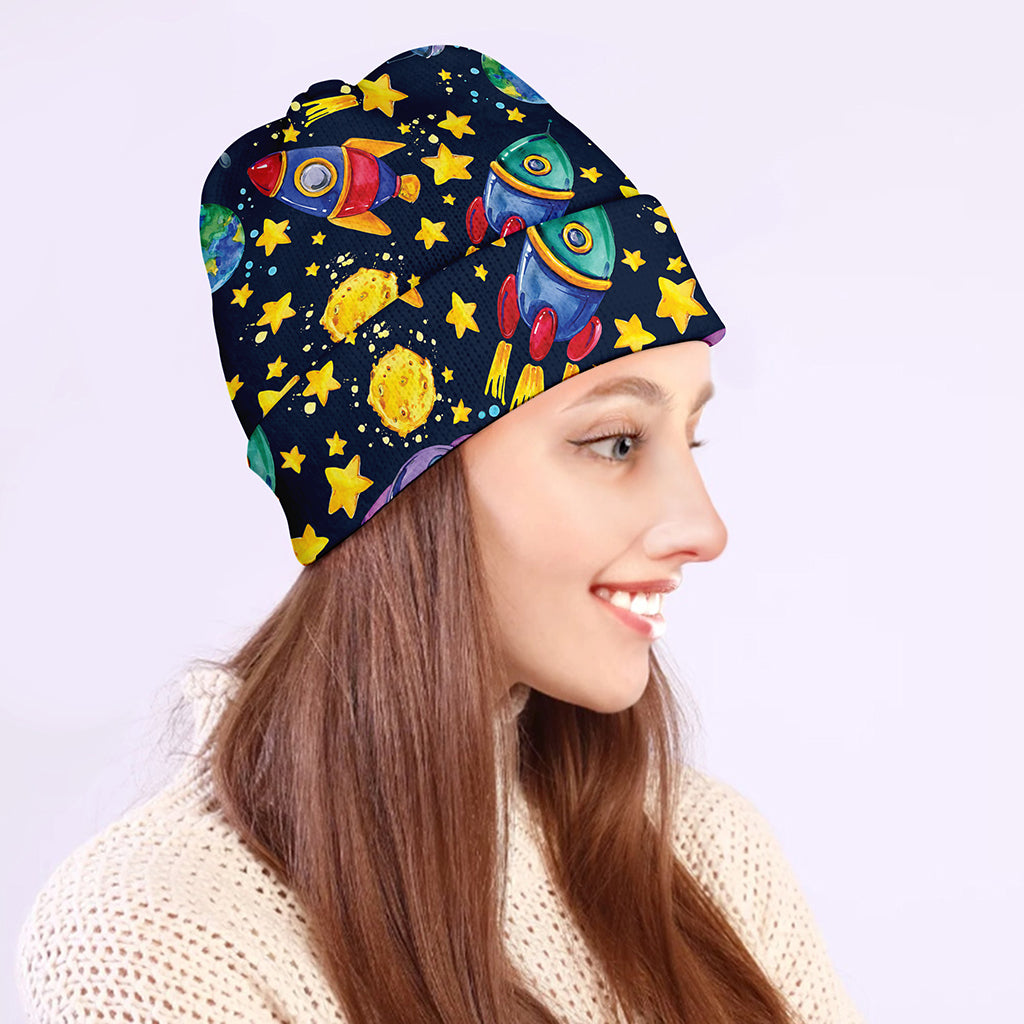 Watercolor Rocket Pattern Print Beanie