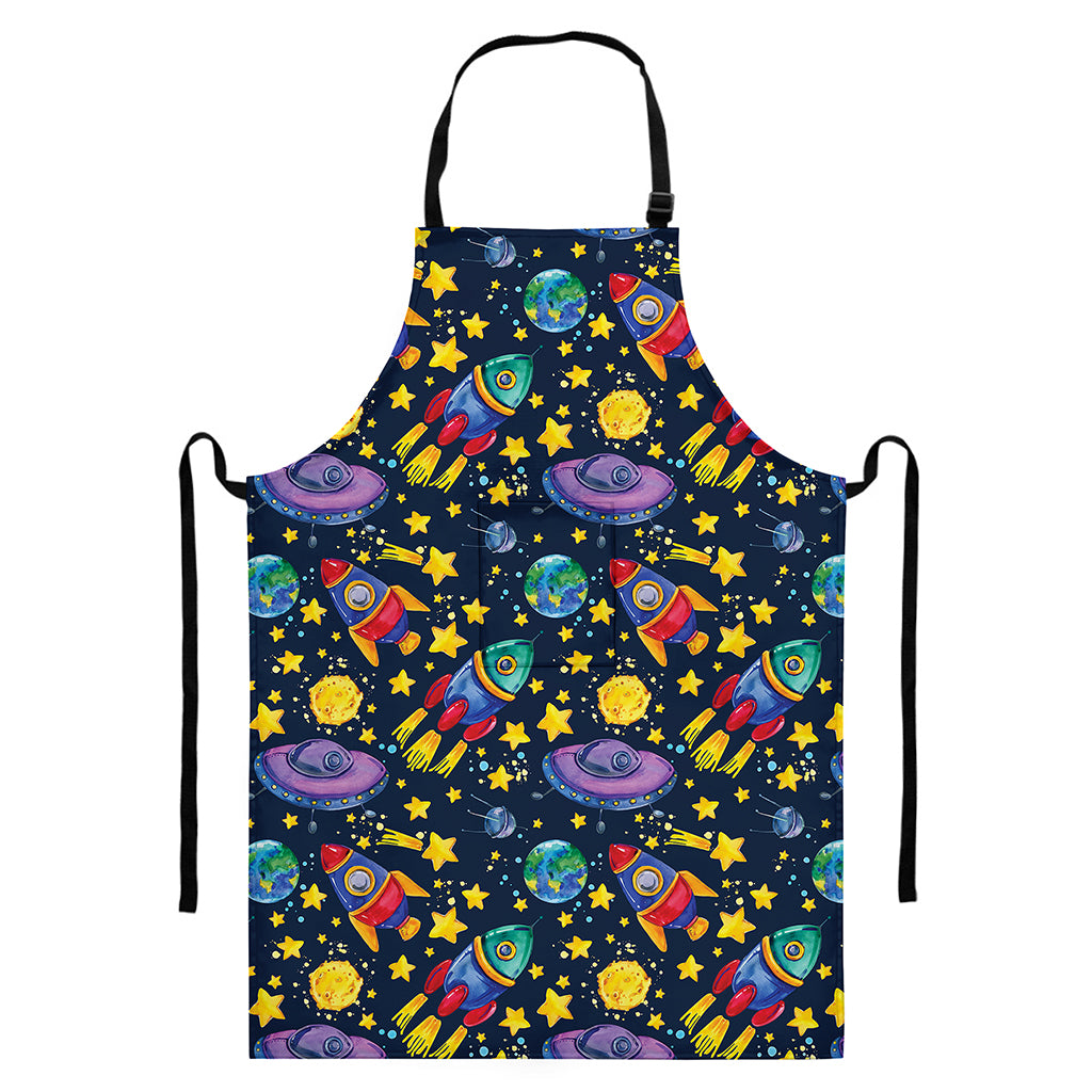 Watercolor Rocket Pattern Print Bib Apron With Pocket