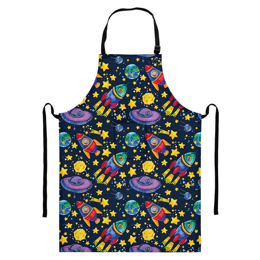 Watercolor Rocket Pattern Print Bib Apron With Pocket