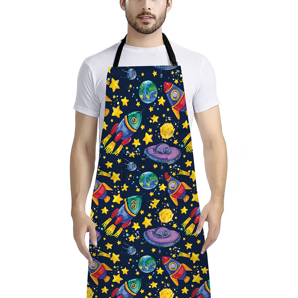 Watercolor Rocket Pattern Print Bib Apron With Pocket