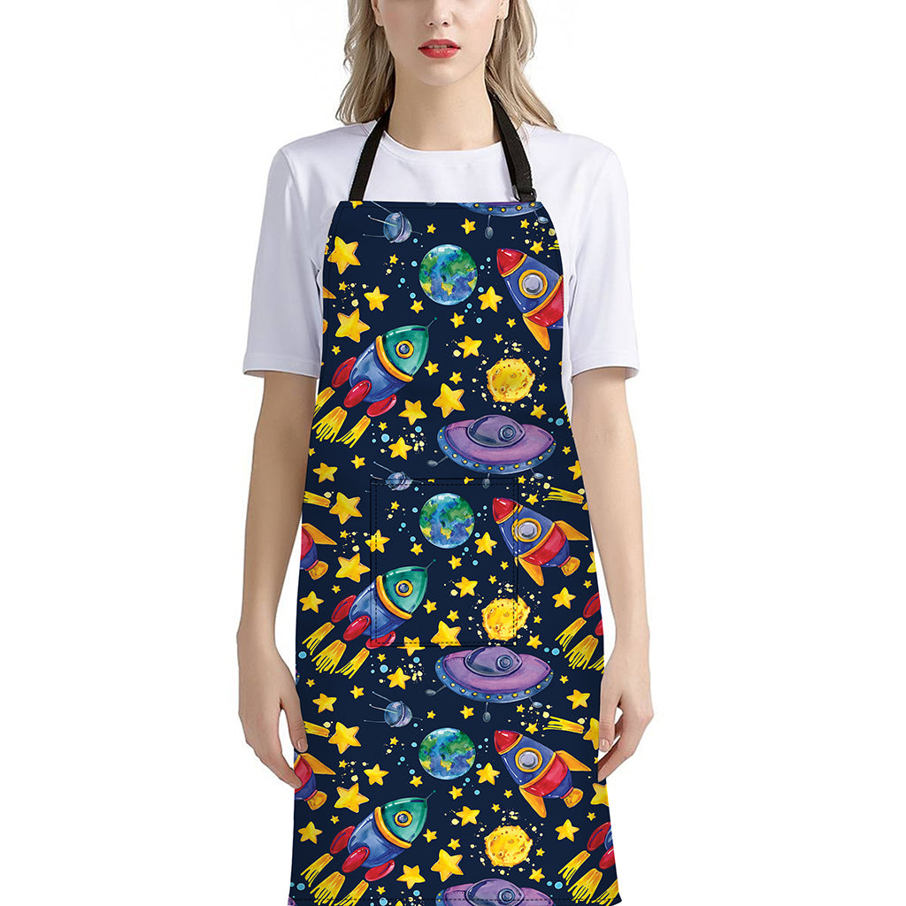 Watercolor Rocket Pattern Print Bib Apron With Pocket