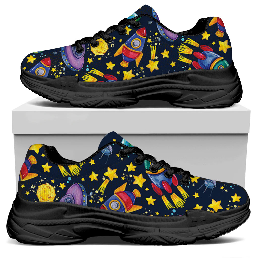 Watercolor Rocket Pattern Print Black Chunky Shoes