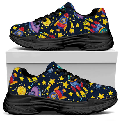 Watercolor Rocket Pattern Print Black Chunky Shoes