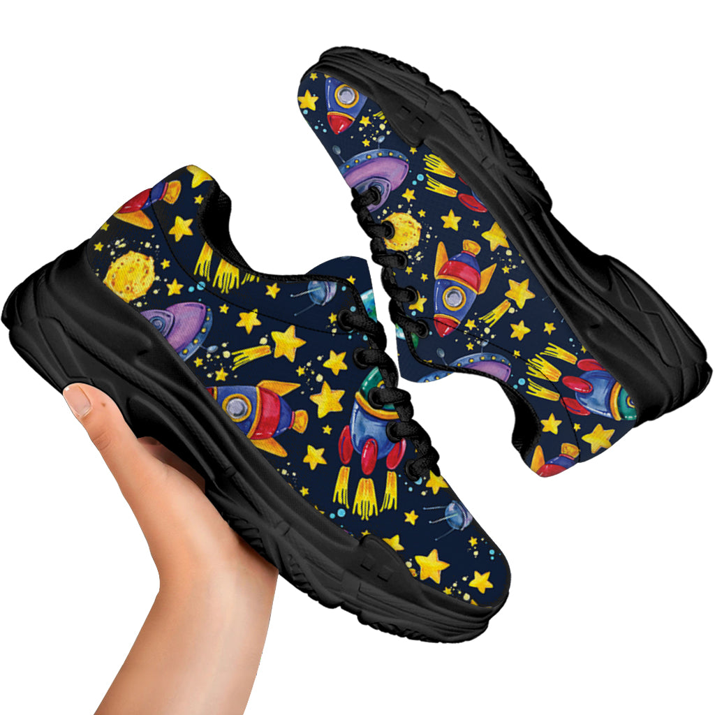 Watercolor Rocket Pattern Print Black Chunky Shoes