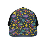 Watercolor Rocket Pattern Print Black Mesh Trucker Cap