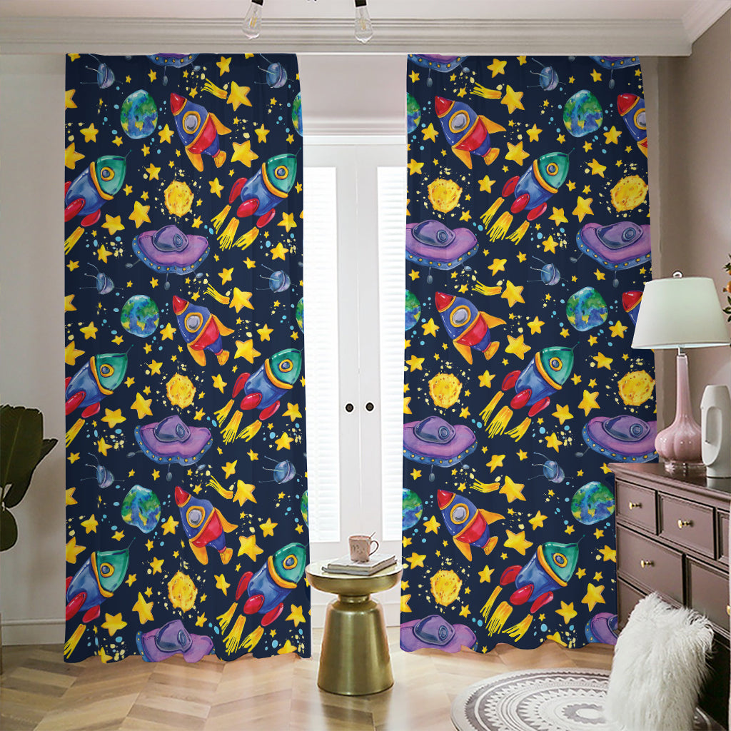 Watercolor Rocket Pattern Print Blackout Pencil Pleat Curtains