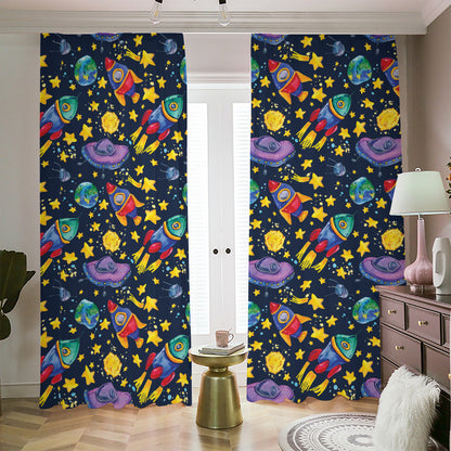 Watercolor Rocket Pattern Print Blackout Pencil Pleat Curtains