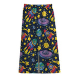 Watercolor Rocket Pattern Print Cotton Front Slit Maxi Skirt
