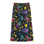 Watercolor Rocket Pattern Print Cotton Front Slit Maxi Skirt