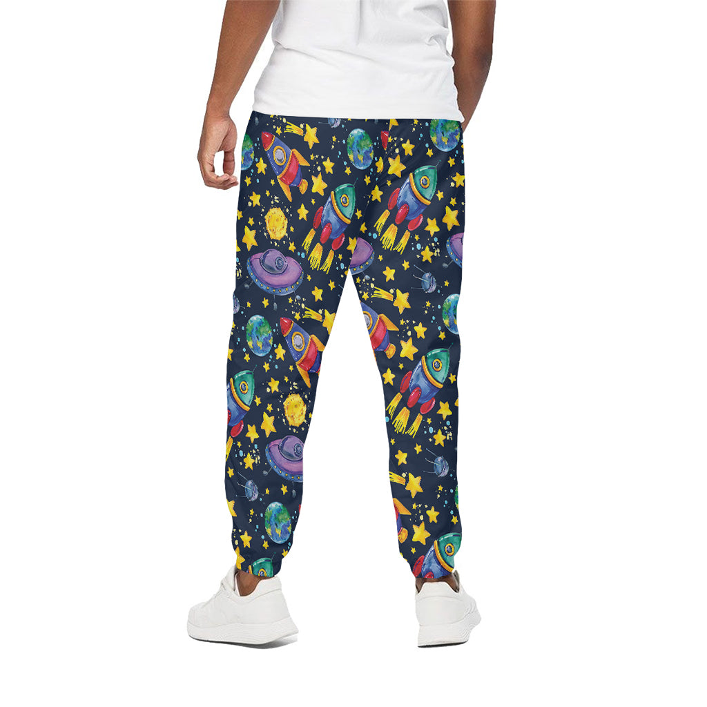 Watercolor Rocket Pattern Print Cotton Pants