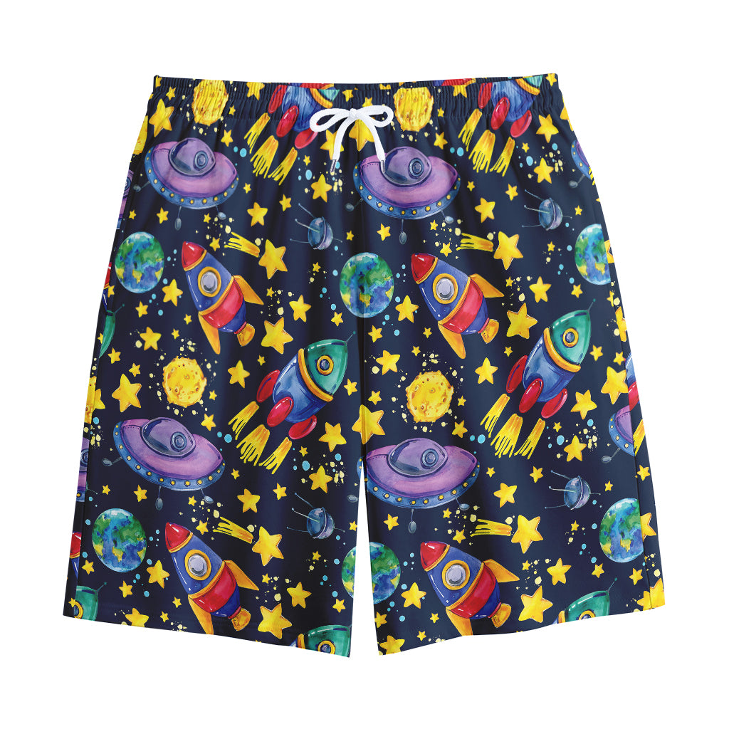 Watercolor Rocket Pattern Print Cotton Shorts