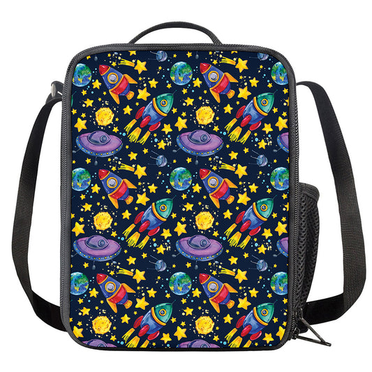 Watercolor Rocket Pattern Print Crossbody Lunch Bag