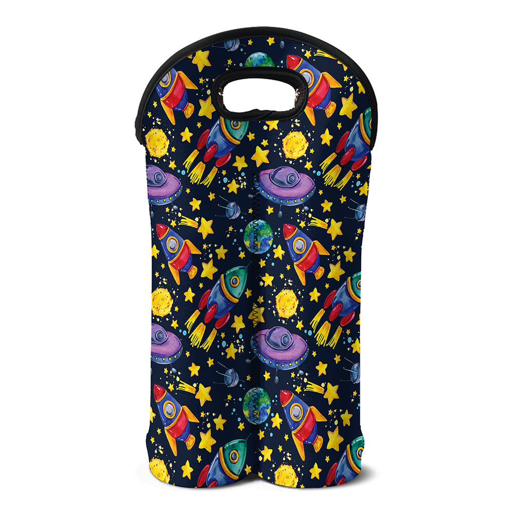 Watercolor Rocket Pattern Print Double Neoprene Wine Tote