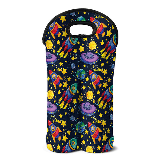 Watercolor Rocket Pattern Print Double Neoprene Wine Tote