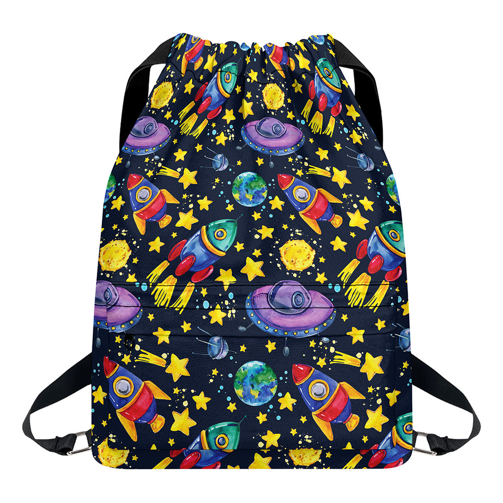 Watercolor Rocket Pattern Print Drawstring Backpack