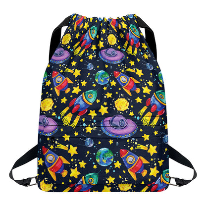 Watercolor Rocket Pattern Print Drawstring Backpack