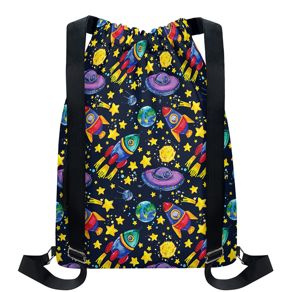 Watercolor Rocket Pattern Print Drawstring Backpack
