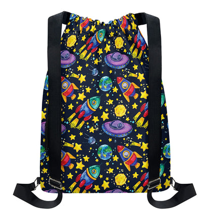 Watercolor Rocket Pattern Print Drawstring Backpack