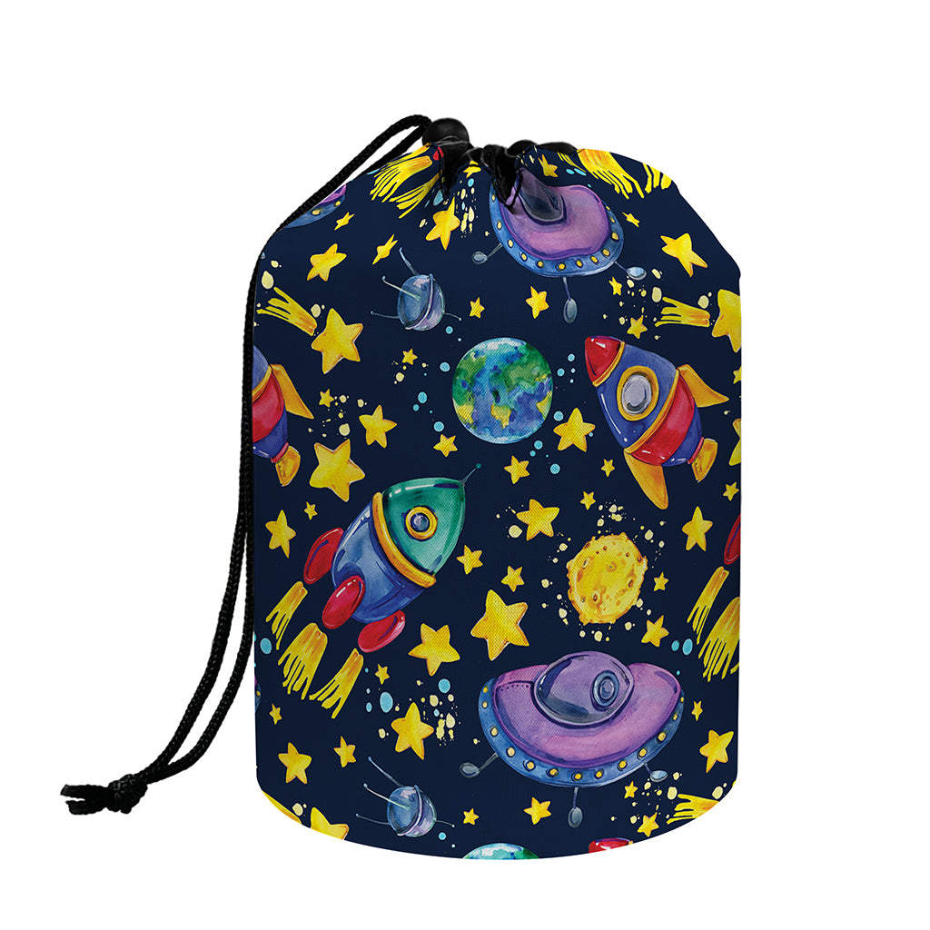 Watercolor Rocket Pattern Print Drawstring Makeup Bag