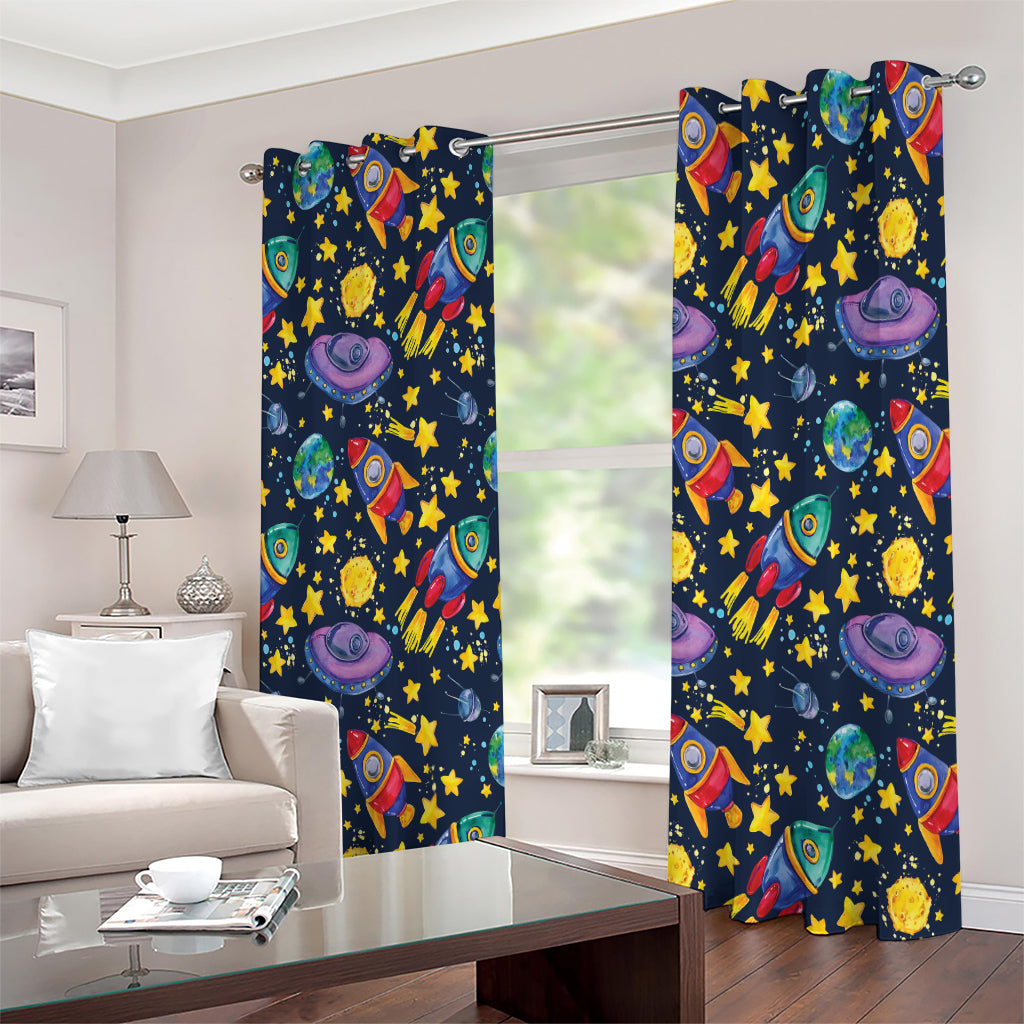 Watercolor Rocket Pattern Print Extra Wide Grommet Curtains